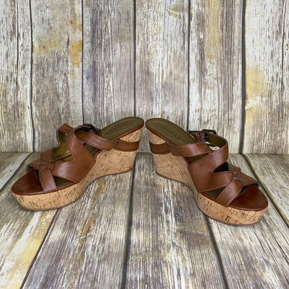 GUESS Tan Vegan Leather Cork Wedge Platform Heel Womens size 8.5 M - Picture 3 of 7